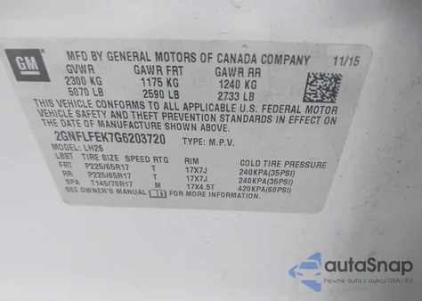 2016 Chevrolet Equinox Lt z USA, uszkodzony, nr VIN 2GNFLFEK7G6203720